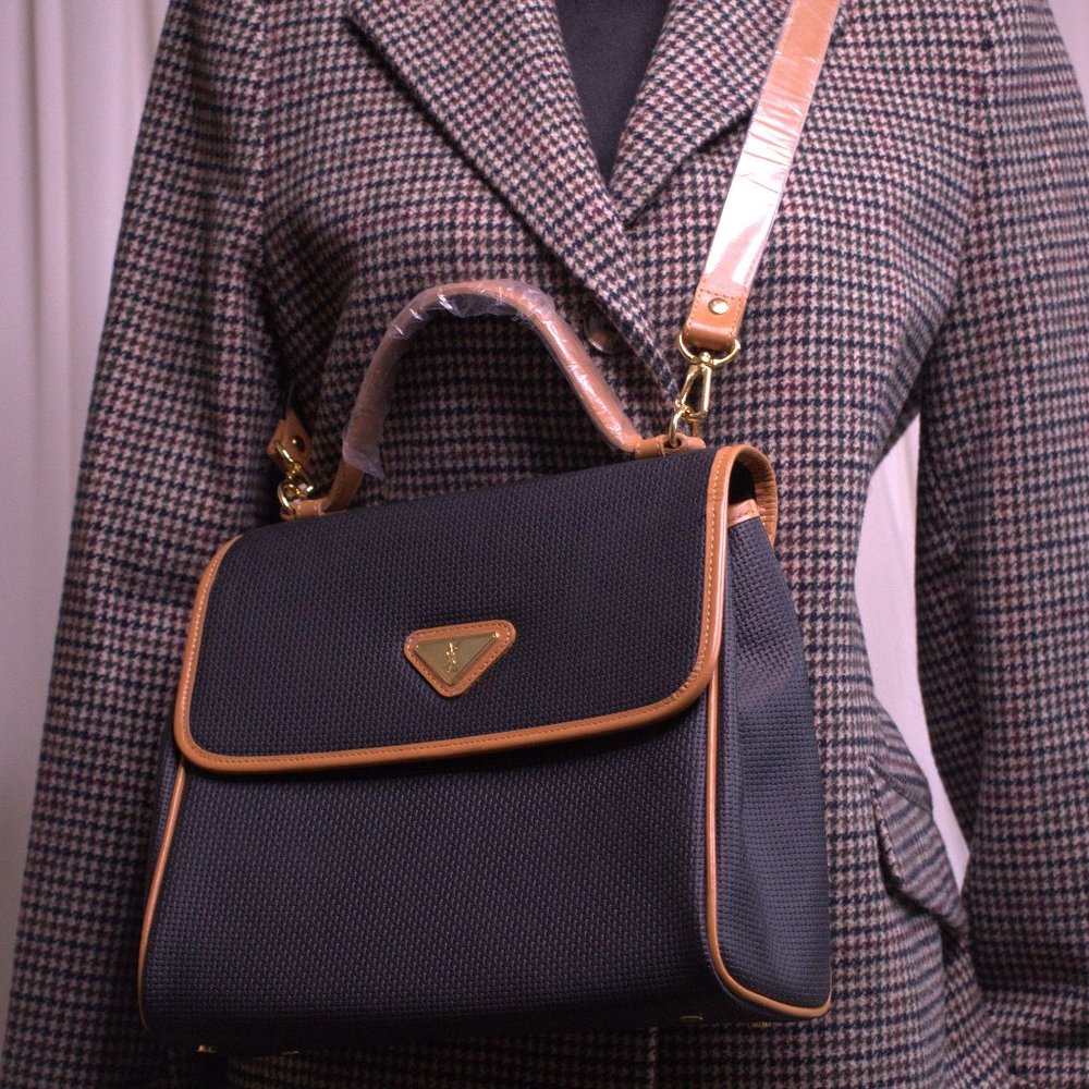 Yves Saint Laurent Navy and Tan Top-Handle Crossbody Bag